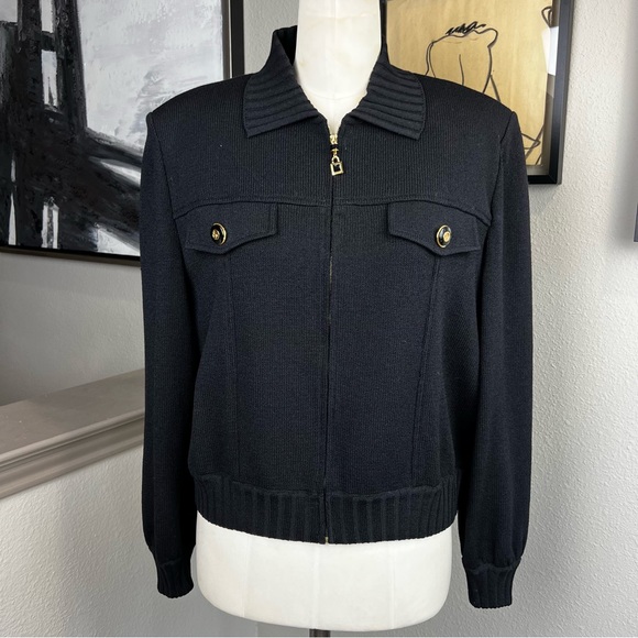 ST. JOHN black knit zip-up sweater jacket